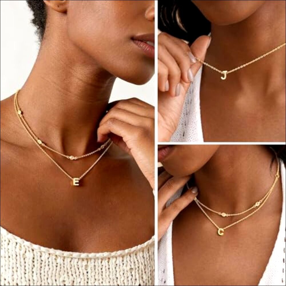 14K Gold-Plated Dainty Layered Initial Necklace with Cubic Zirconia - Picture 6 of 7